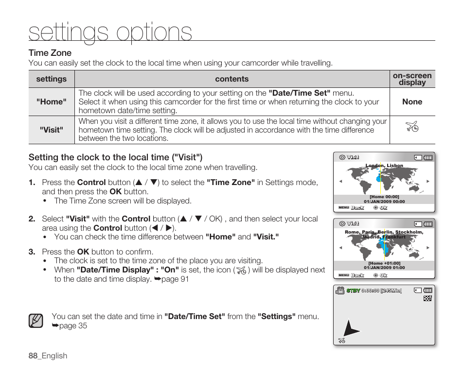 Time zone, Settings options, Setting the clock to the local time ("visit") | Samsung SMX-C14RN-XAA User Manual | Page 98 / 139