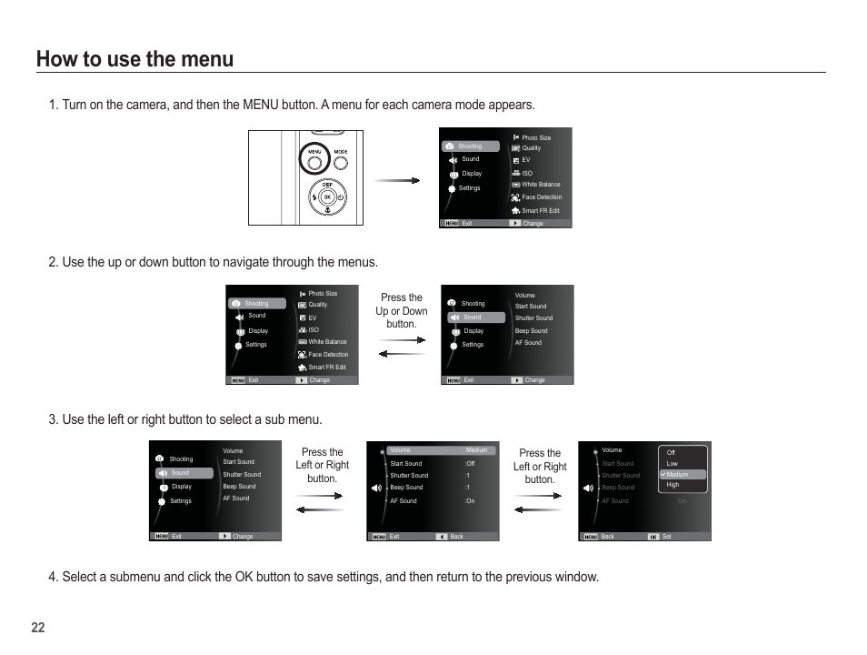 How to use the menu, Press the up or down button | Samsung EC-AQ100ZBPBUS User Manual | Page 23 / 105