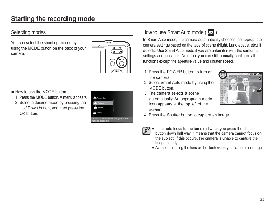 Starting the recording mode, Selecting modes, How to use smart auto mode ( ) | Samsung EC-AQ100ZBPBUS User Manual | Page 24 / 105