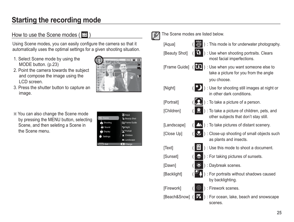 Starting the recording mode, How to use the scene modes ( ) | Samsung EC-AQ100ZBPBUS User Manual | Page 26 / 105