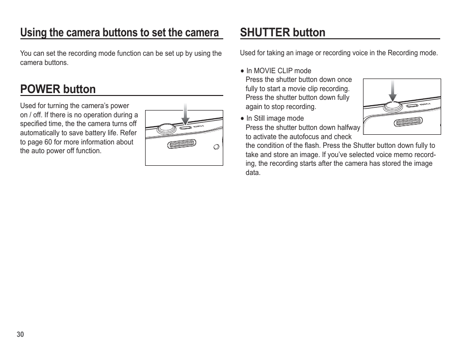 Using the camera buttons to set the camera, Power button, Shutter button | Samsung EC-AQ100ZBPBUS User Manual | Page 31 / 105