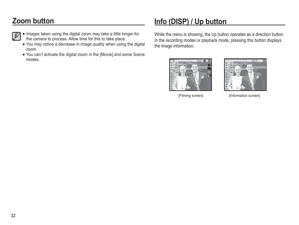 Info (disp) / up button, Zoom button | Samsung EC-AQ100ZBPBUS User Manual | Page 33 / 105