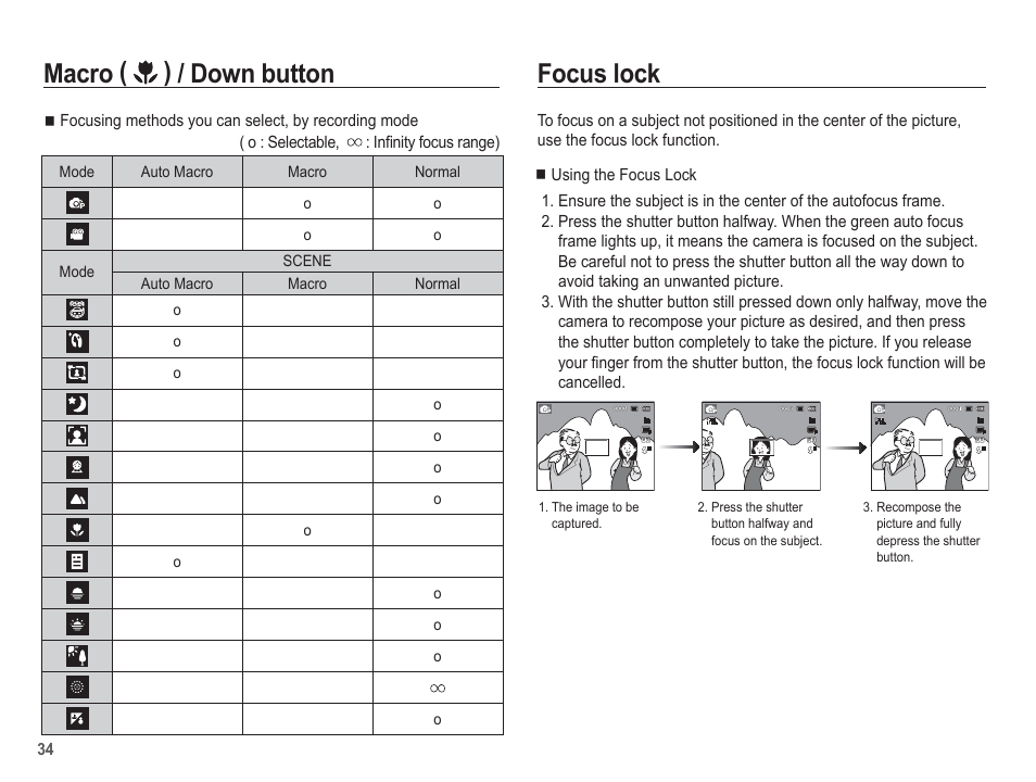 Macro ( ) / down button focus lock | Samsung EC-AQ100ZBPBUS User Manual | Page 35 / 105