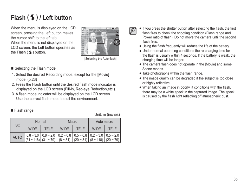 Flash ( ) / left button | Samsung EC-AQ100ZBPBUS User Manual | Page 36 / 105