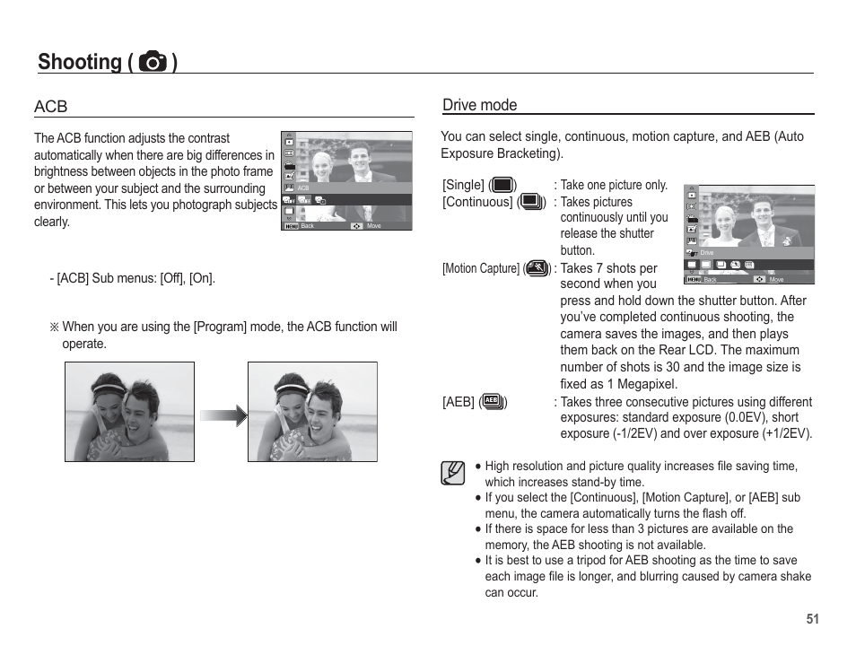 Shooting ( ), Drive mode | Samsung EC-AQ100ZBPBUS User Manual | Page 52 / 105