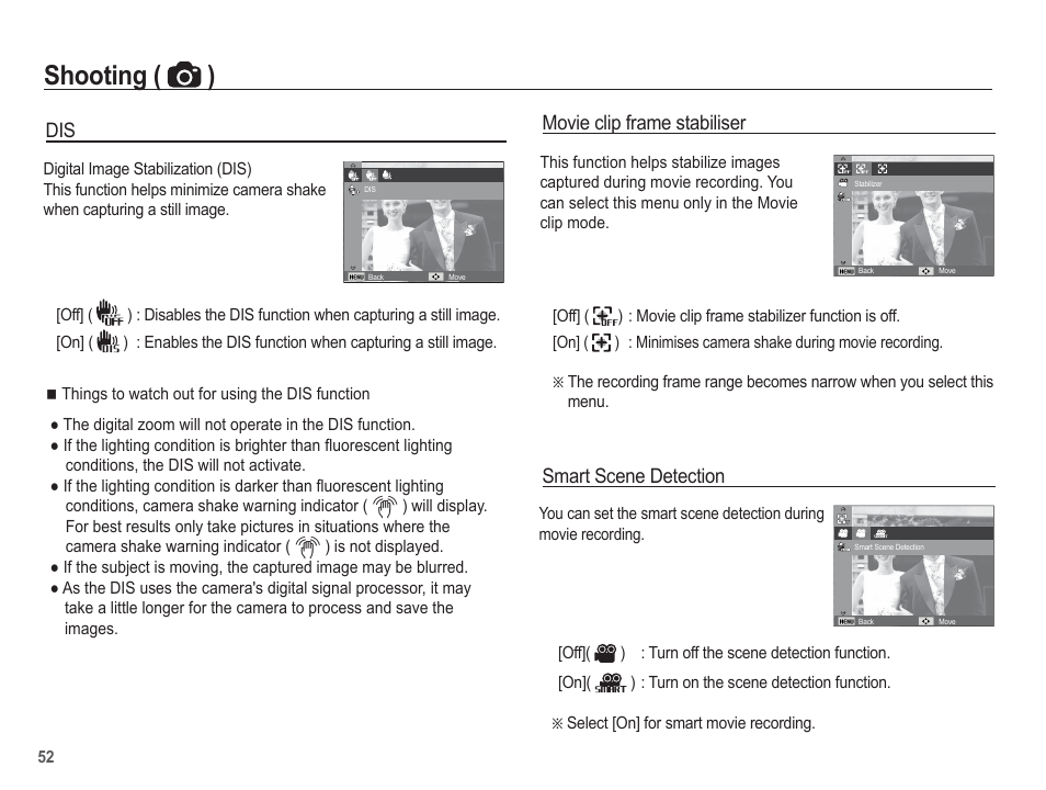 Shooting ( ), Movie clip frame stabiliser, Smart scene detection | Samsung EC-AQ100ZBPBUS User Manual | Page 53 / 105
