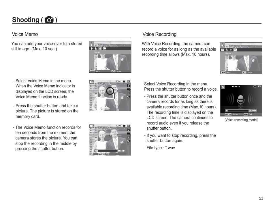 Shooting ( ), Voice recording | Samsung EC-AQ100ZBPBUS User Manual | Page 54 / 105