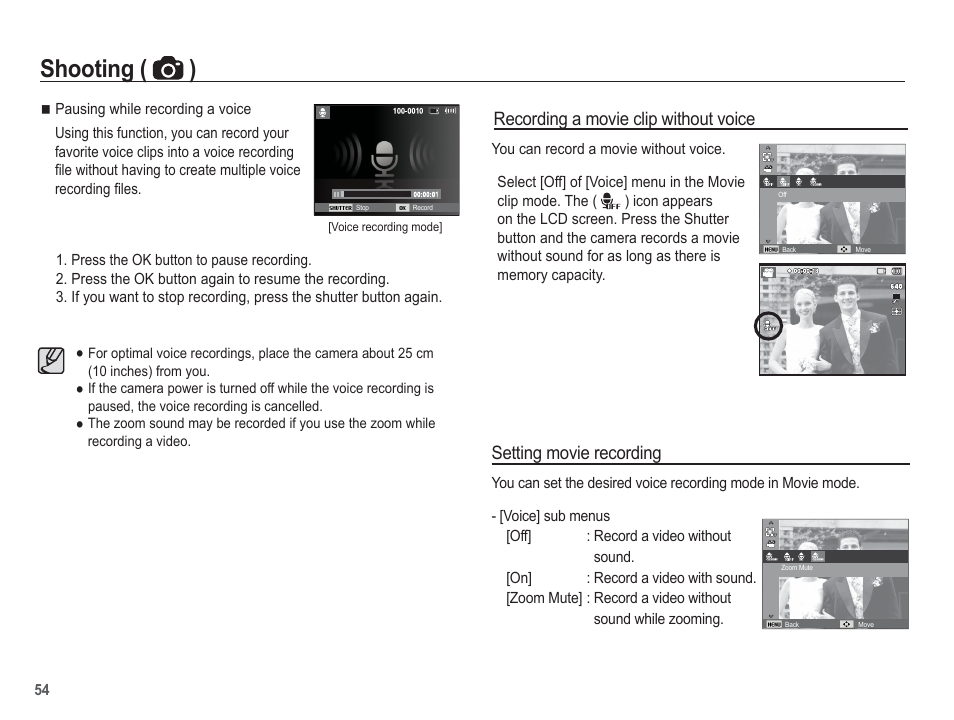 Shooting ( ), Setting movie recording, Recording a movie clip without voice | Samsung EC-AQ100ZBPBUS User Manual | Page 55 / 105