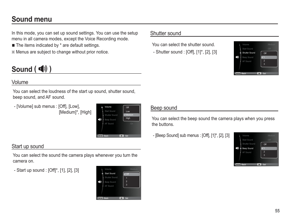 Sound menu, Sound, Volume | Start up sound, Shutter sound, Beep sound | Samsung EC-AQ100ZBPBUS User Manual | Page 56 / 105