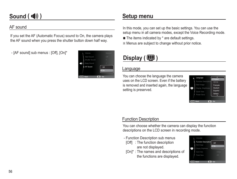 Setup menu, Display ( ) sound, Af sound | Language, Function description | Samsung EC-AQ100ZBPBUS User Manual | Page 57 / 105