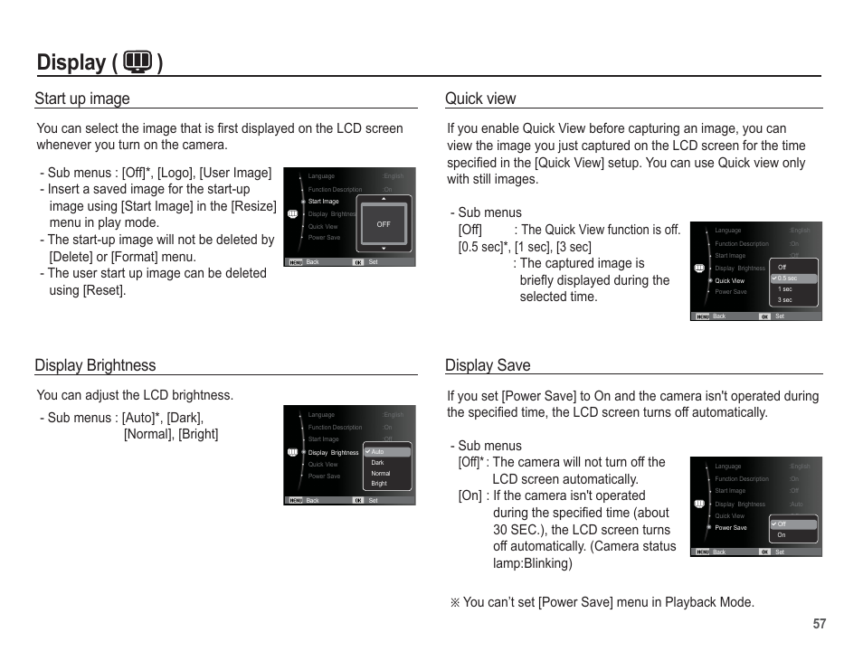 Display ( ), Quick view, Display save | Display brightness, Start up image | Samsung EC-AQ100ZBPBUS User Manual | Page 58 / 105