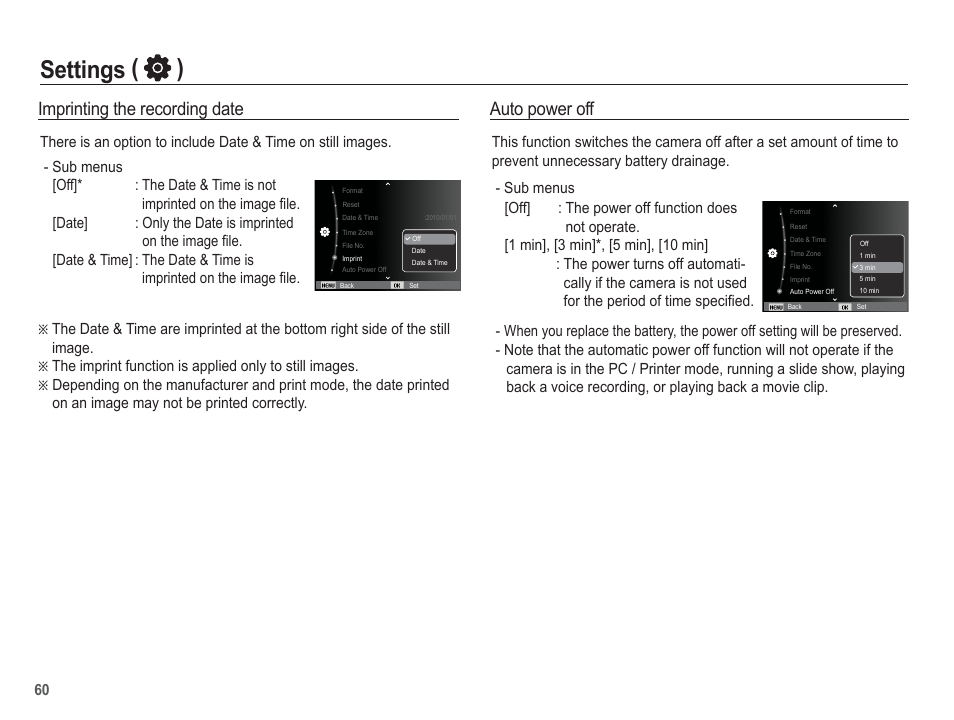 Settings ( ), Imprinting the recording date, Auto power off | Samsung EC-AQ100ZBPBUS User Manual | Page 61 / 105