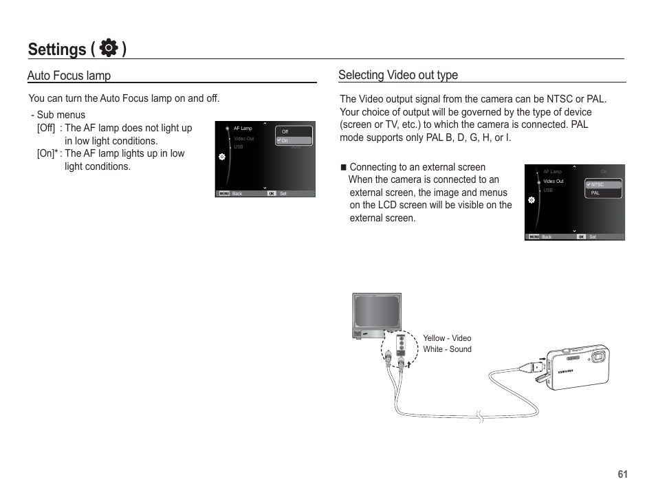 Settings ( ), Selecting video out type, Auto focus lamp | Samsung EC-AQ100ZBPBUS User Manual | Page 62 / 105