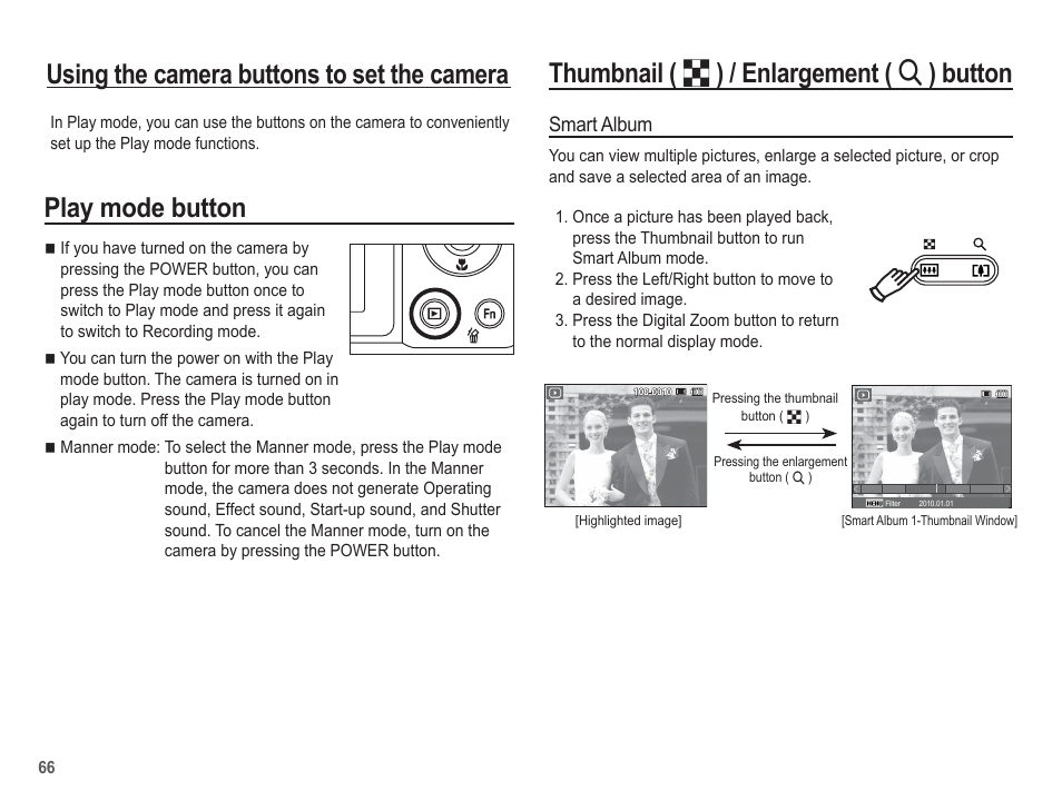 Thumbnail ( º ) / enlargement ( í ) button, Using the camera buttons to set the camera, Play mode button | Smart album | Samsung EC-AQ100ZBPBUS User Manual | Page 67 / 105