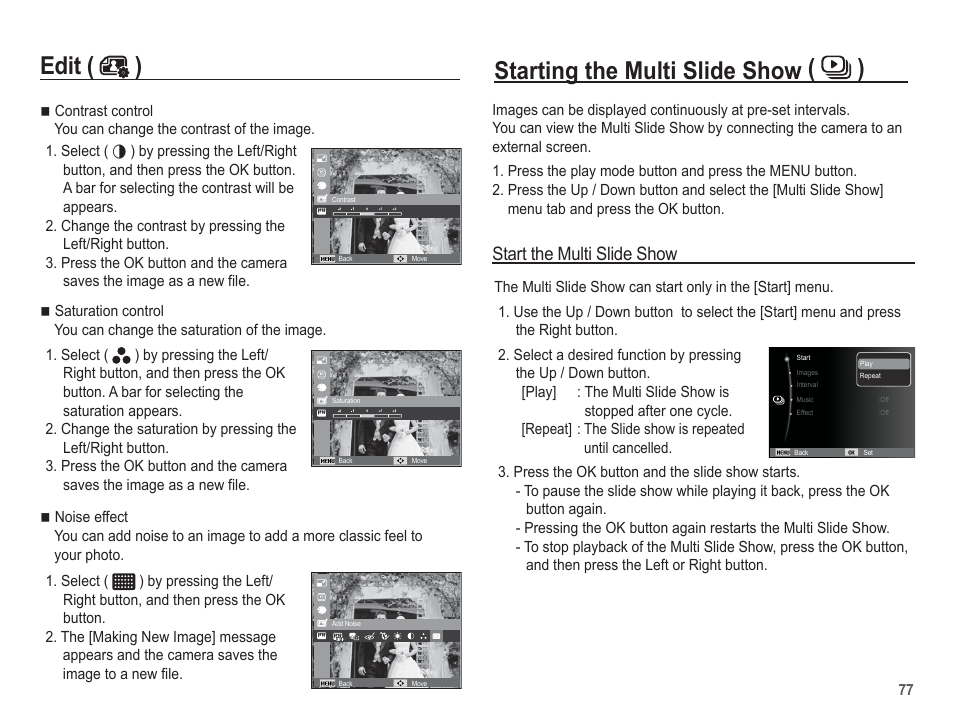 Edit ( ), Starting the multi slide show ( ), Start the multi slide show | Samsung EC-AQ100ZBPBUS User Manual | Page 78 / 105