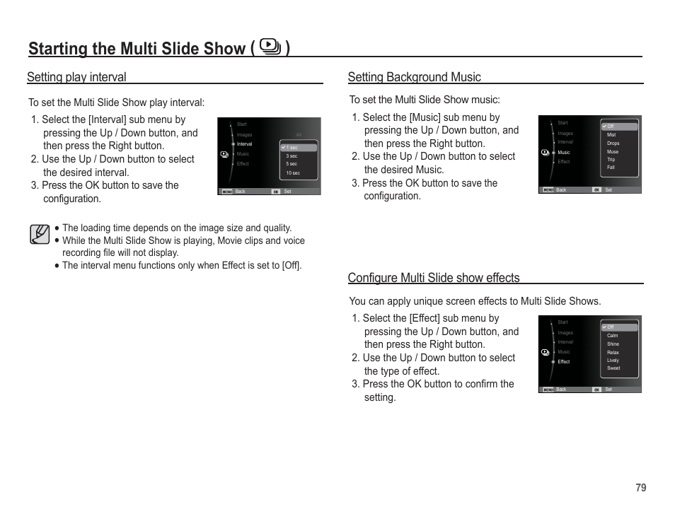Starting the multi slide show ( ), Configure multi slide show effects, Setting play interval | Setting background music | Samsung EC-AQ100ZBPBUS User Manual | Page 80 / 105
