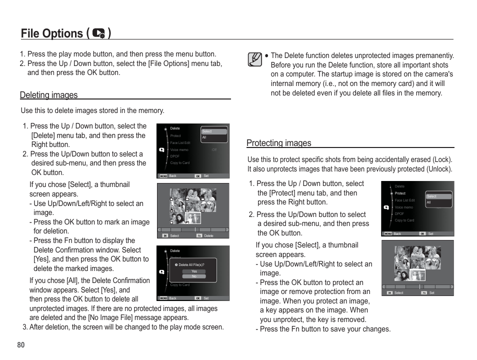 File options ( ), Deleting images, Protecting images | Samsung EC-AQ100ZBPBUS User Manual | Page 81 / 105