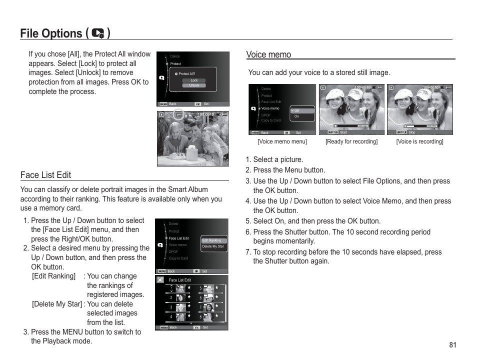 File options ( ), Face list edit, You can add your voice to a stored still image | Samsung EC-AQ100ZBPBUS User Manual | Page 82 / 105