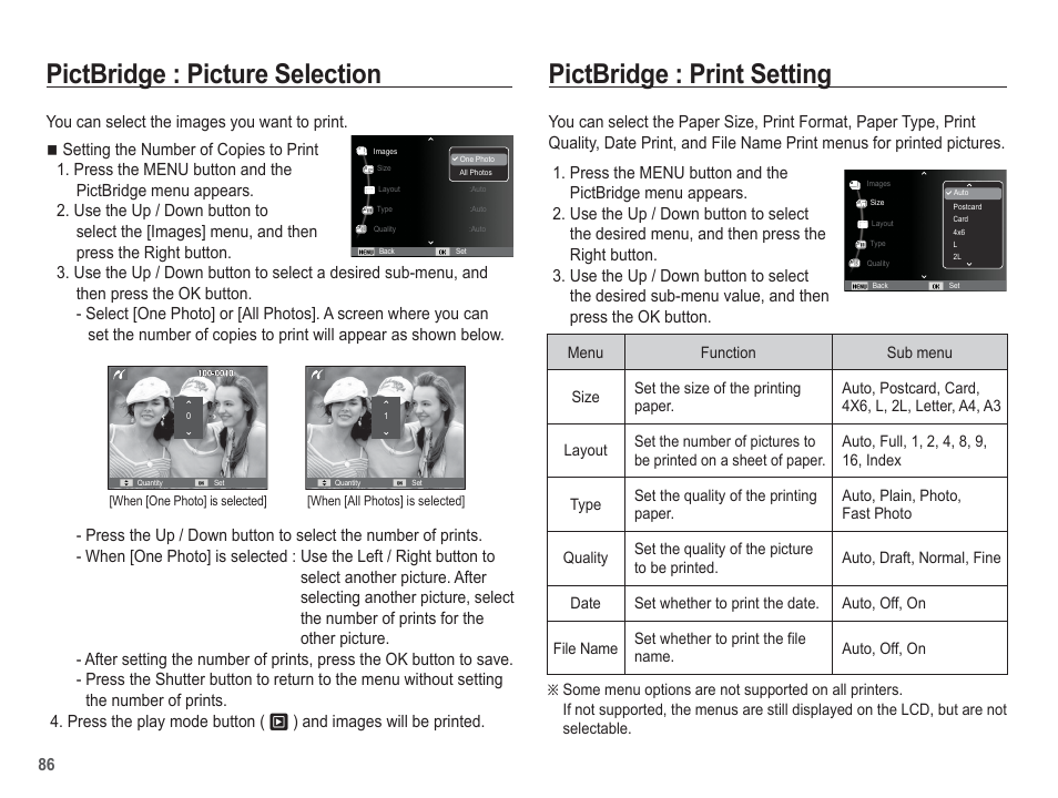 Pictbridge : picture selection, Pictbridge : print setting | Samsung EC-AQ100ZBPBUS User Manual | Page 87 / 105