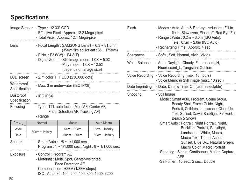 Specifications | Samsung EC-AQ100ZBPBUS User Manual | Page 93 / 105