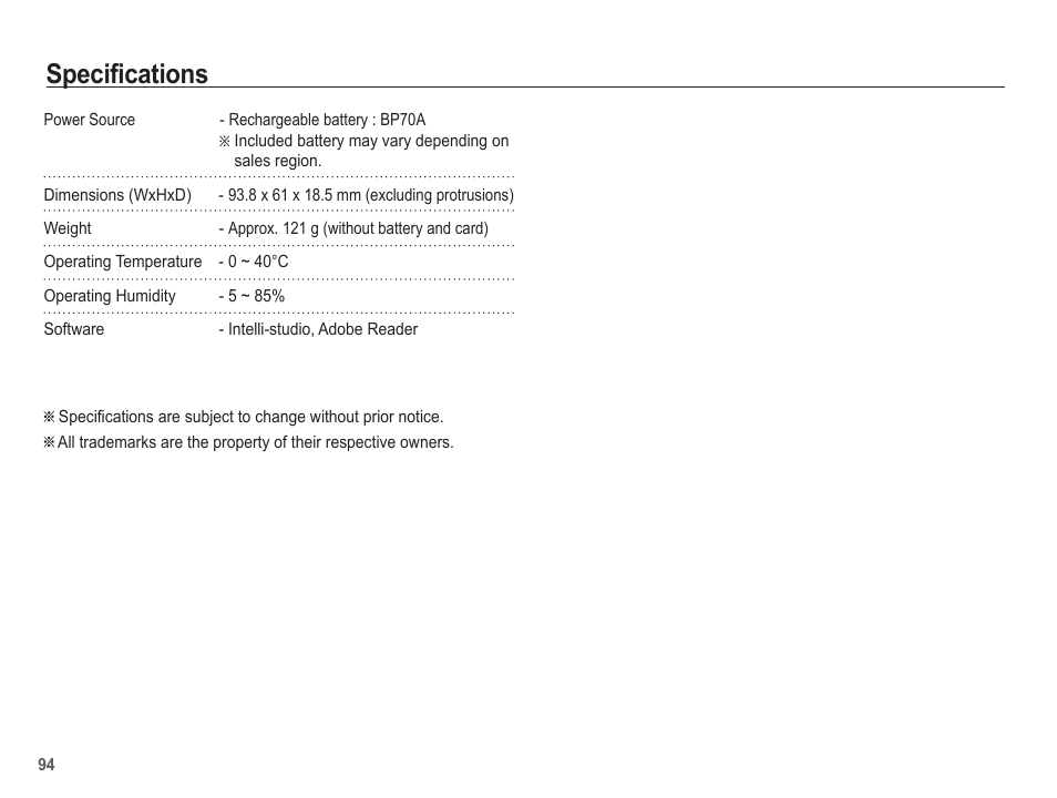 Specifications | Samsung EC-AQ100ZBPBUS User Manual | Page 95 / 105