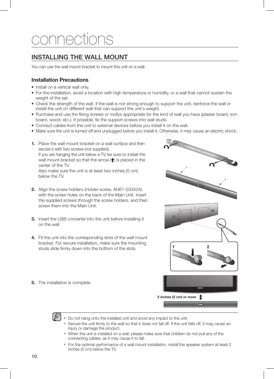Connections, Installing the wall mount | Samsung HW-FM35-ZA User Manual | Page 10 / 23