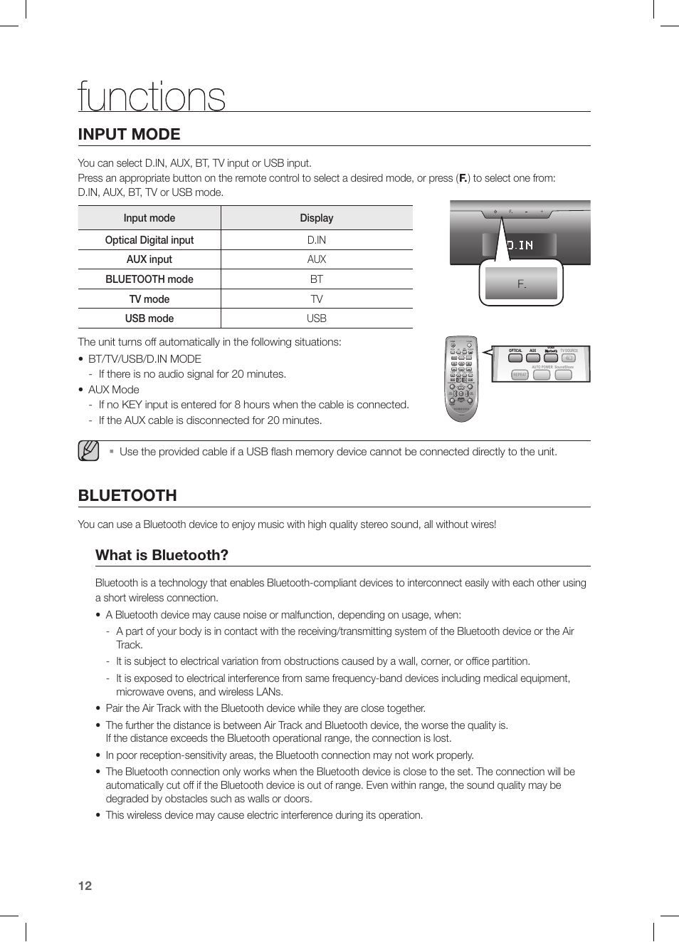 Functions, Input mode, Bluetooth | What is bluetooth, Auto power soundshare | Samsung HW-FM35-ZA User Manual | Page 12 / 23