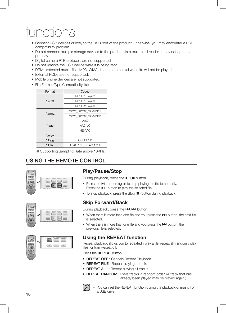 Using the remote control, Functions, Play/pause/stop | Skip forward/back, Using the repeat function, Supporting sampling rate above 16khz | Samsung HW-FM35-ZA User Manual | Page 16 / 23