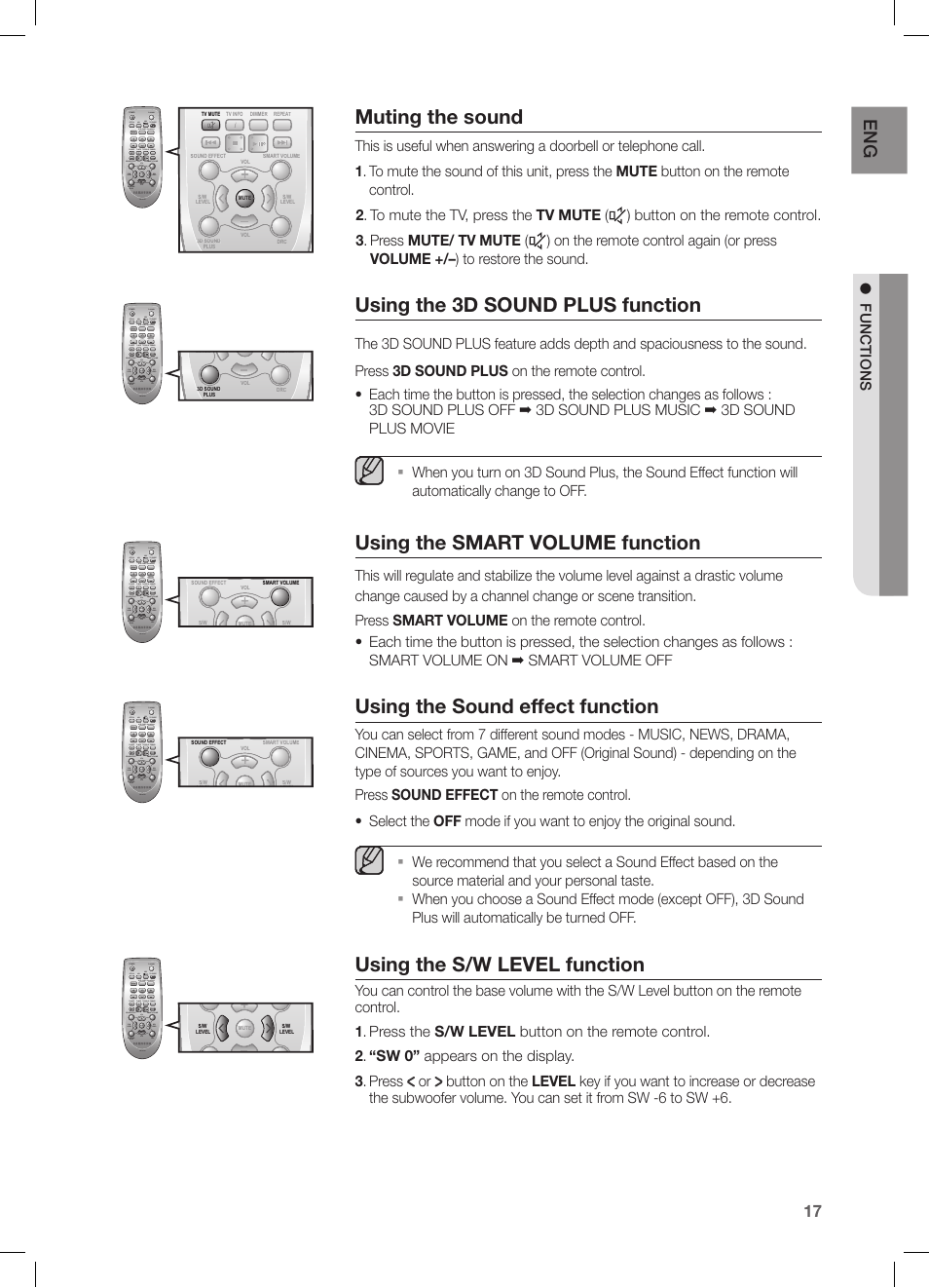 Muting the sound, Using the 3d sound plus function, Using the smart volume function | Using the sound effect function, Using the s/w level function, Functions | Samsung HW-FM35-ZA User Manual | Page 17 / 23