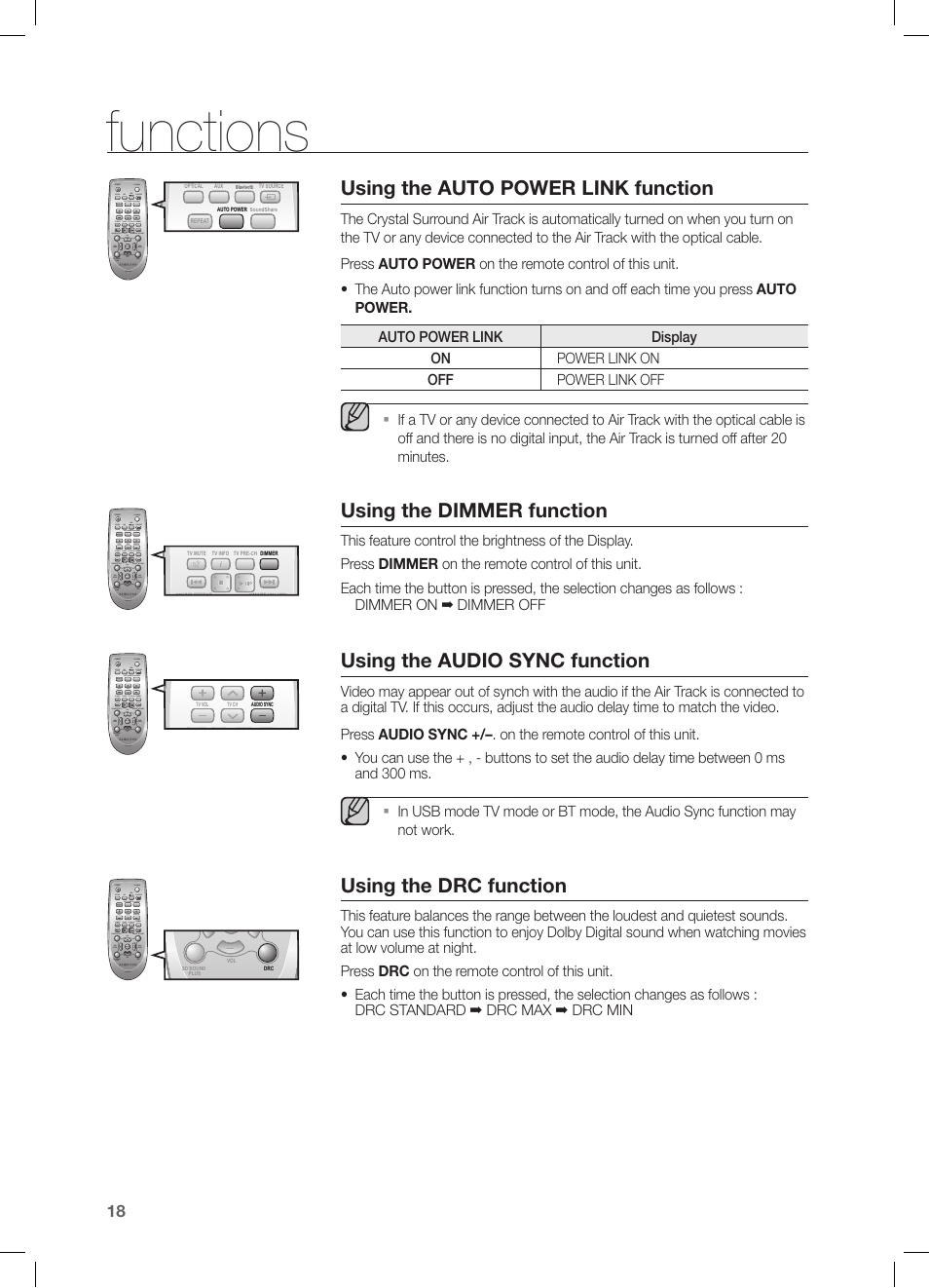 Functions, Using the auto power link function, Using the dimmer function | Using the audio sync function, Using the drc function | Samsung HW-FM35-ZA User Manual | Page 18 / 23