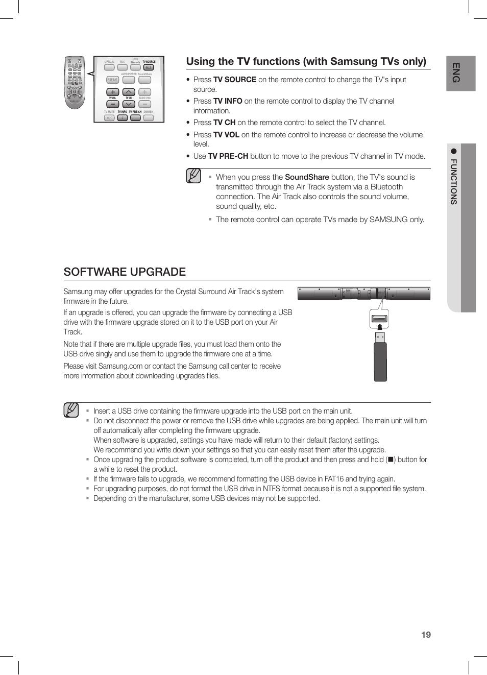 Software upgrade, Using the tv functions (with samsung tvs only), Functions | Samsung HW-FM35-ZA User Manual | Page 19 / 23