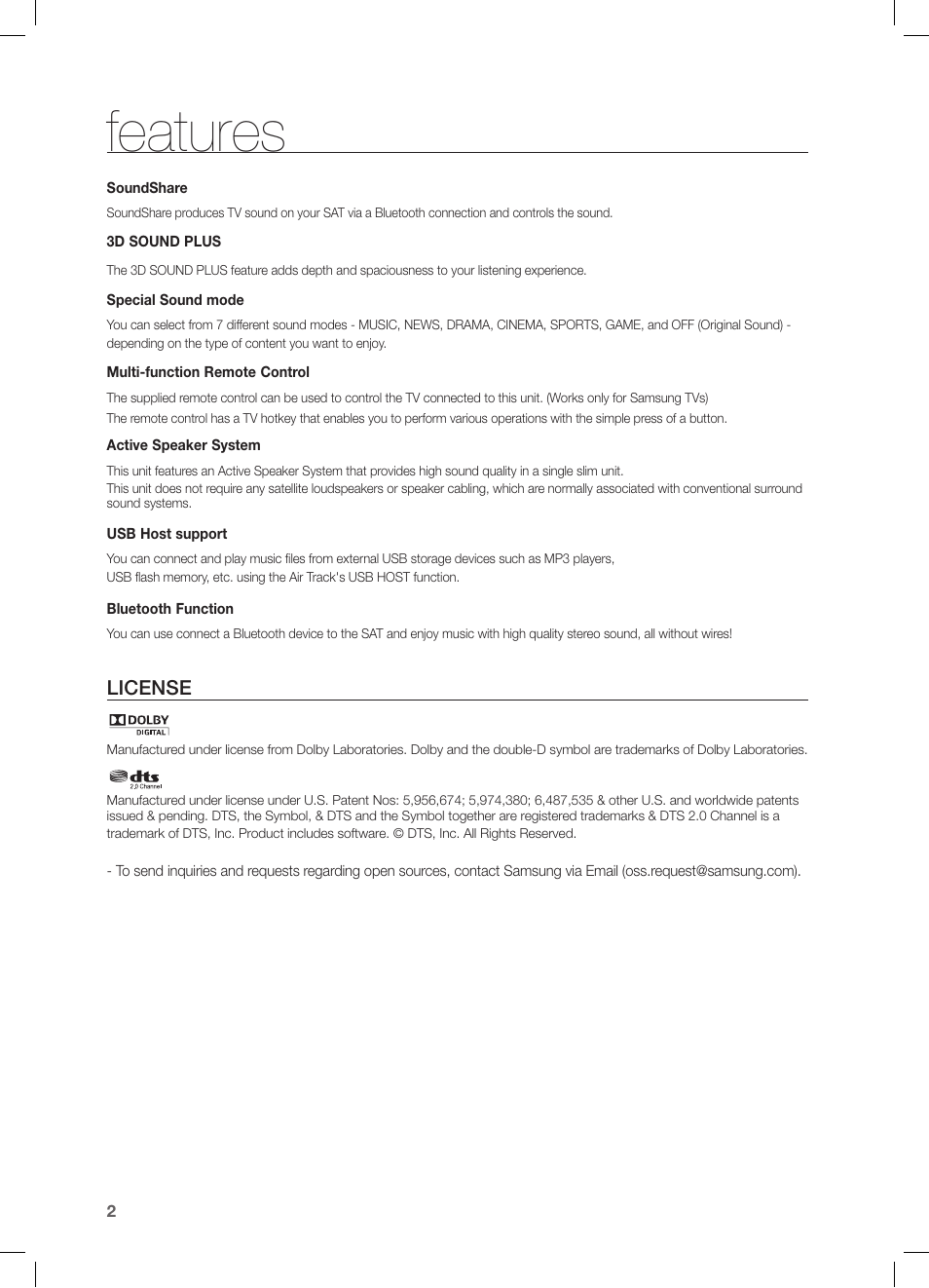 Features, License | Samsung HW-FM35-ZA User Manual | Page 2 / 23