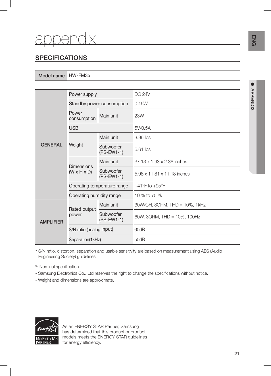 Appendix, Specifications | Samsung HW-FM35-ZA User Manual | Page 21 / 23