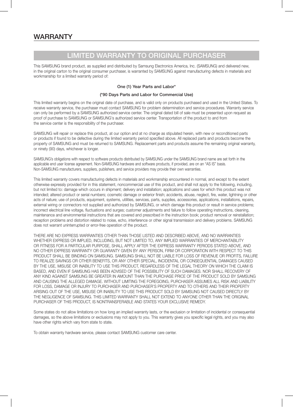 Warranty, Warranty limited warranty to original purchaser | Samsung HW-FM35-ZA User Manual | Page 22 / 23