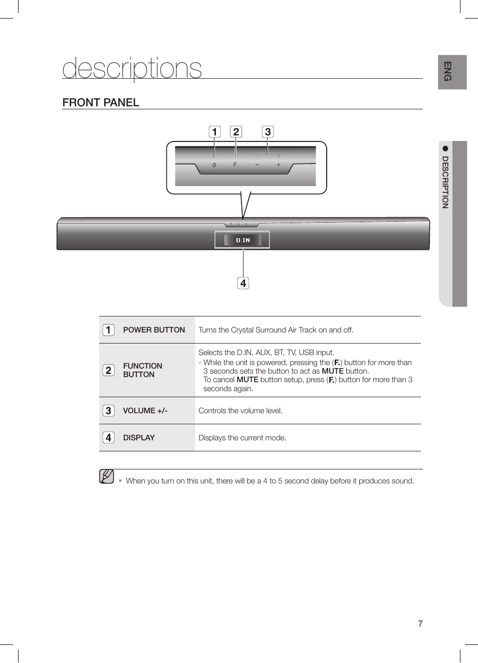 Descriptions, Front panel | Samsung HW-FM35-ZA User Manual | Page 7 / 23