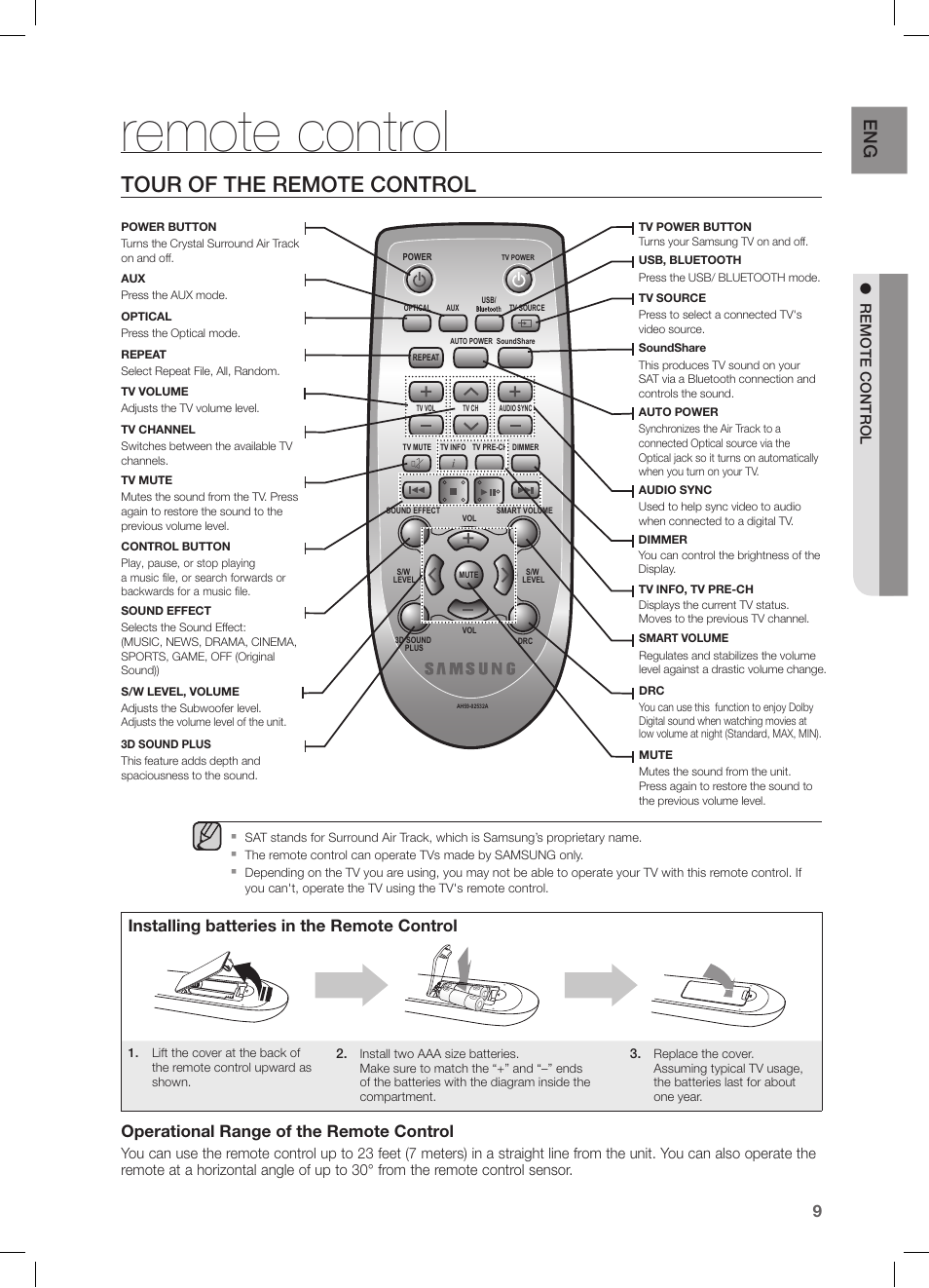 Remote control, Tour of the remote control, Installing batteries in the remote control | Operational range of the remote control | Samsung HW-FM35-ZA User Manual | Page 9 / 23