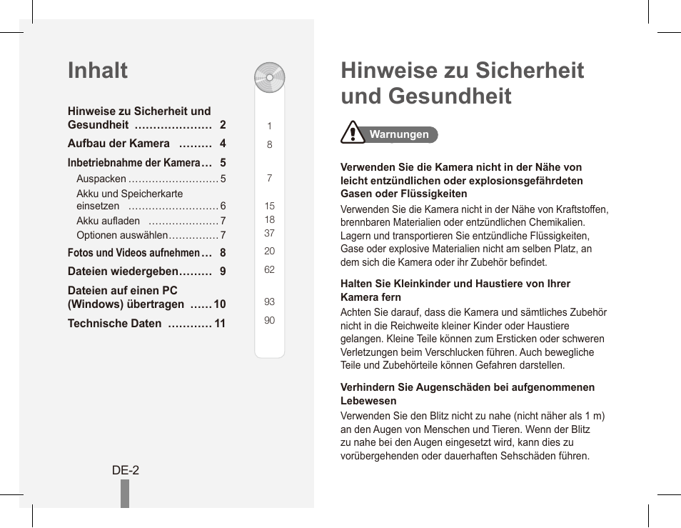 Hinweise zu sicherheit und gesundheit inhalt | Samsung EC-PL80ZZBPRCA User Manual | Page 12 / 72