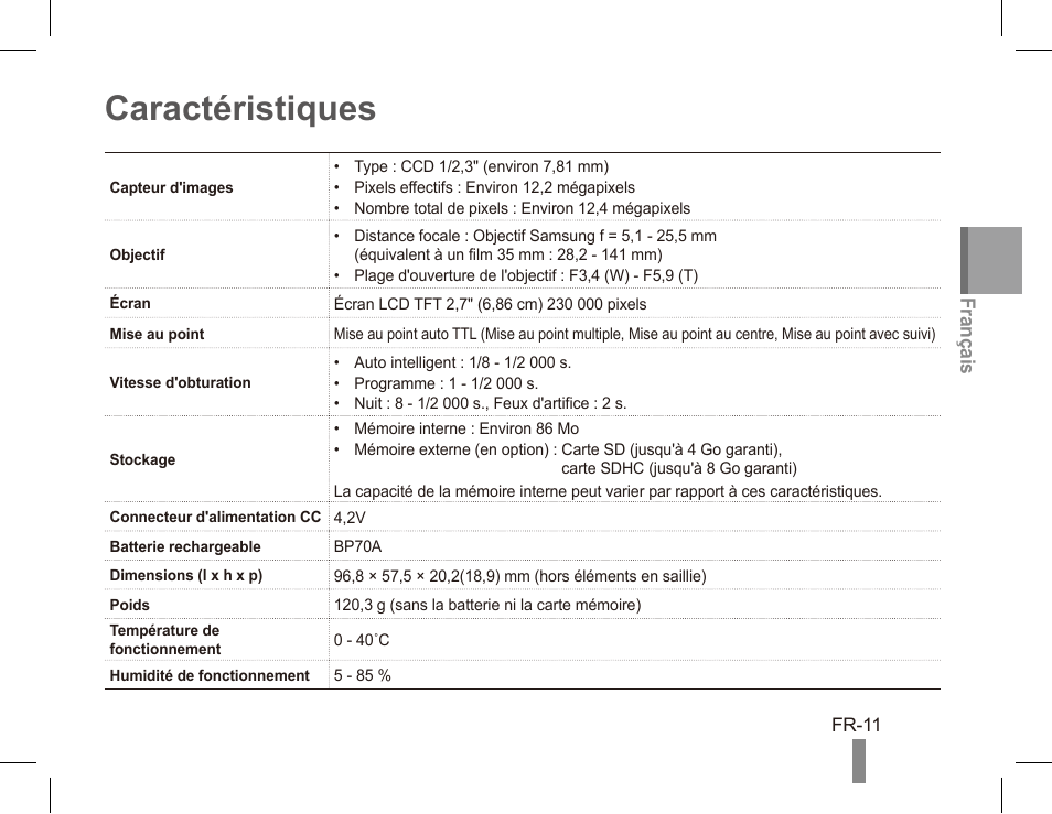 Caractéristiques | Samsung EC-PL80ZZBPRCA User Manual | Page 31 / 72