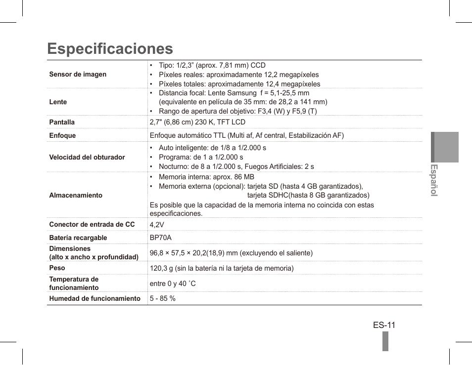 Especificaciones | Samsung EC-PL80ZZBPRCA User Manual | Page 41 / 72