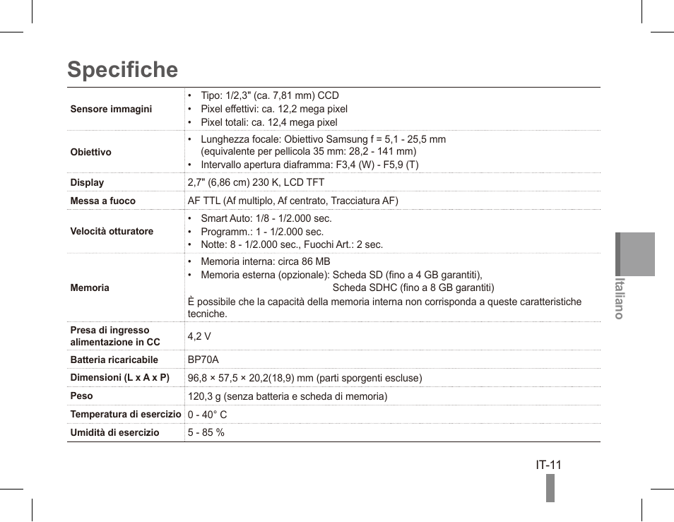 Specifiche | Samsung EC-PL80ZZBPRCA User Manual | Page 51 / 72