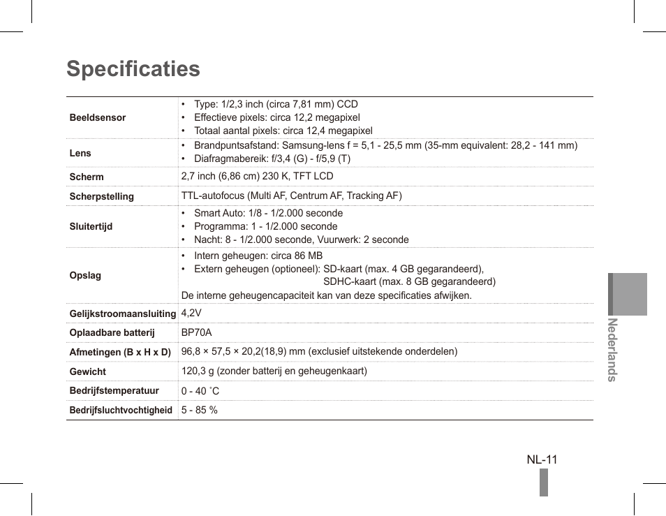 Specificaties | Samsung EC-PL80ZZBPRCA User Manual | Page 61 / 72