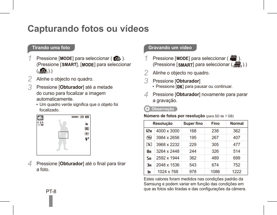 Capturando fotos ou vídeos | Samsung EC-PL80ZZBPRCA User Manual | Page 68 / 72