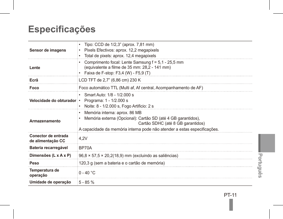 Especificações | Samsung EC-PL80ZZBPRCA User Manual | Page 71 / 72