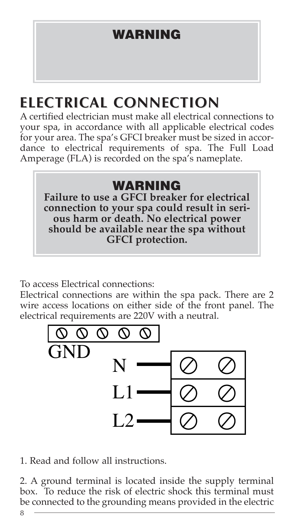 Gnd n l1 l2, Electric, Electric al connection al connection | Aruba Spa 2003 Serenade User Manual | Page 10 / 39