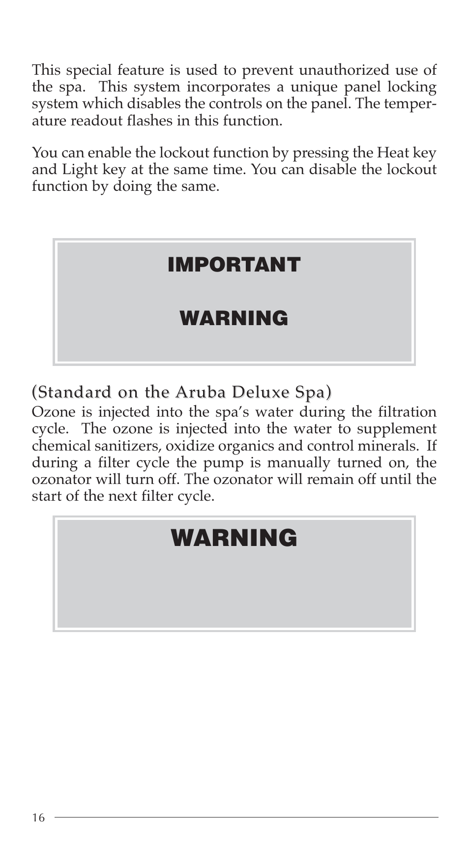 Warning, Ozonators-optional, Important | Aruba Spa 2003 Serenade User Manual | Page 18 / 39
