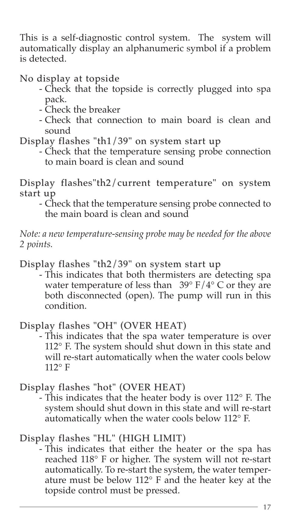 Trouble shooting | Aruba Spa 2003 Serenade User Manual | Page 19 / 39