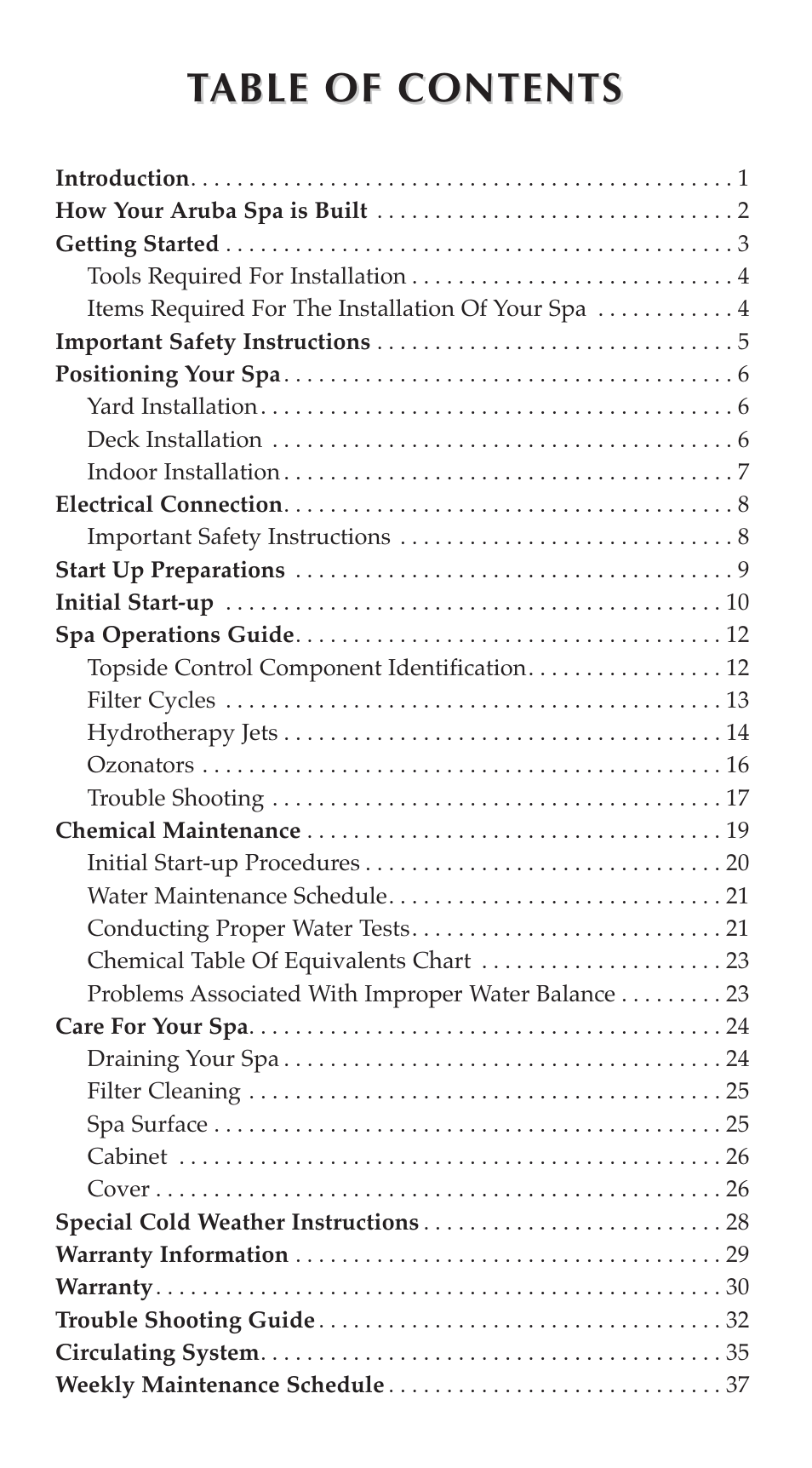 Table of contents able of contents | Aruba Spa 2003 Serenade User Manual | Page 2 / 39