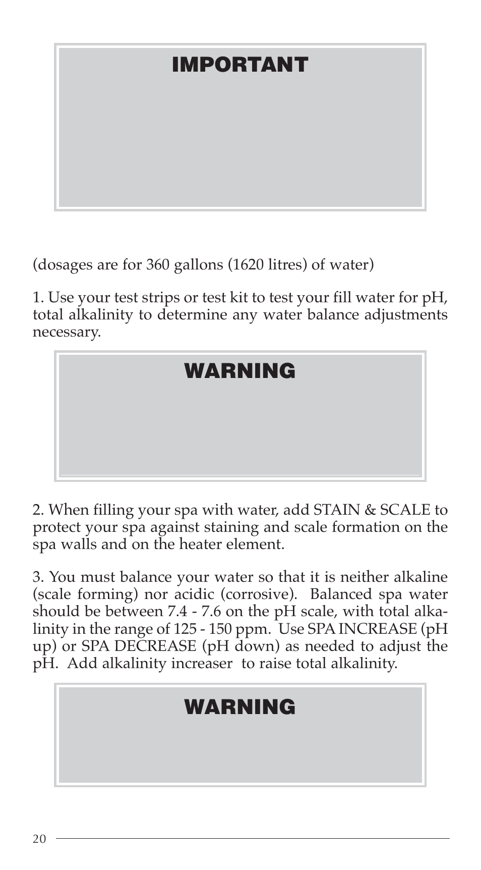 Initial start up procedures, Warning, Important | Aruba Spa 2003 Serenade User Manual | Page 22 / 39