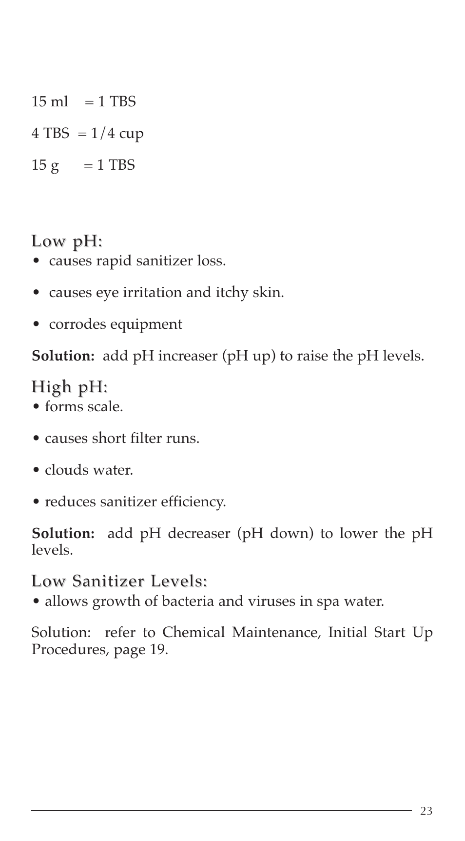 Chemical table of equivalents chart, Problems associated with improper water balance | Aruba Spa 2003 Serenade User Manual | Page 25 / 39