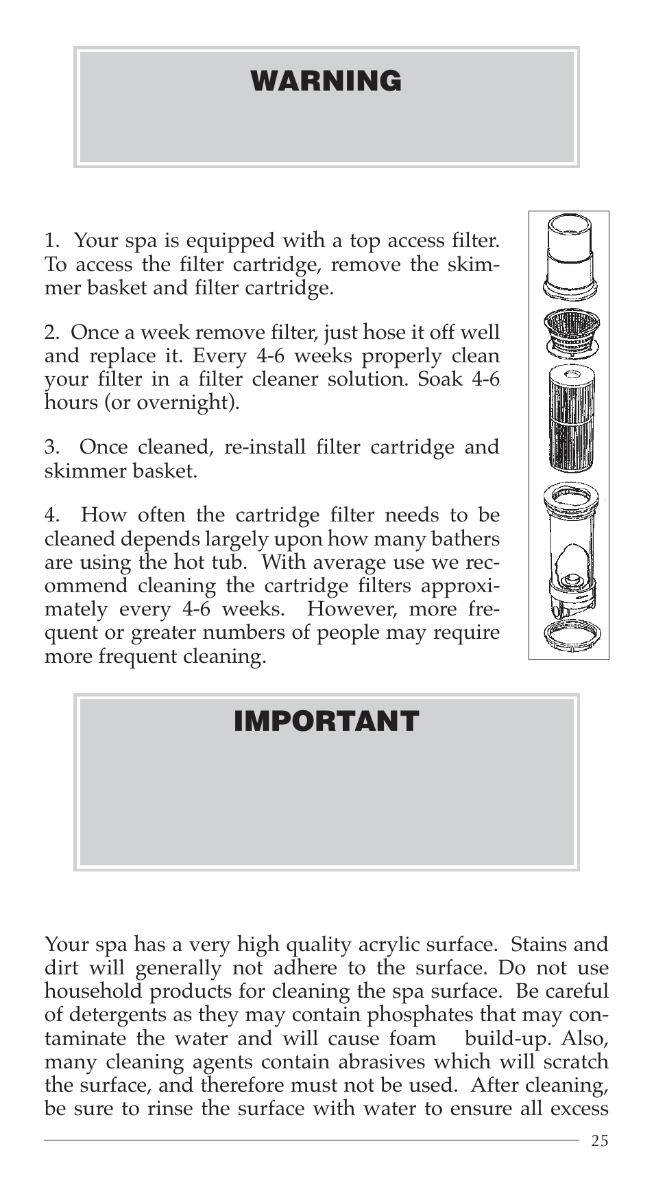 Filter cleaning, Spa surface, Important | Warning | Aruba Spa 2003 Serenade User Manual | Page 27 / 39